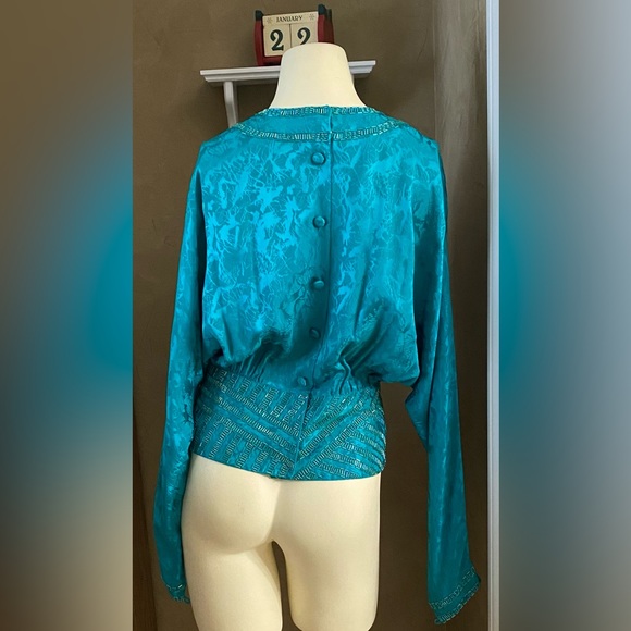 Michelle Stuart silk blouse glass beaded green silk long dolman sleeve size 8 - Picture 2 of 16